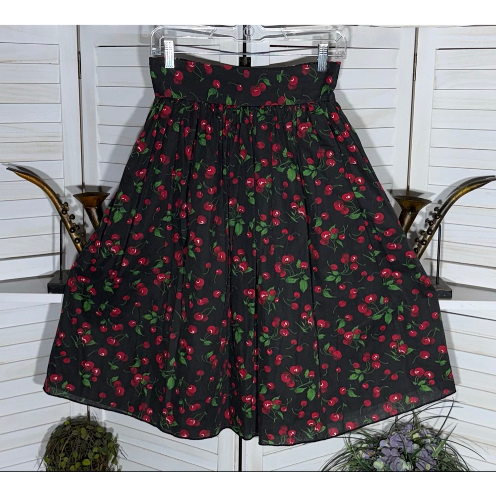 Vintage 90s Y2K midi skirt black cherries pattern full cotton elastic waist sz M